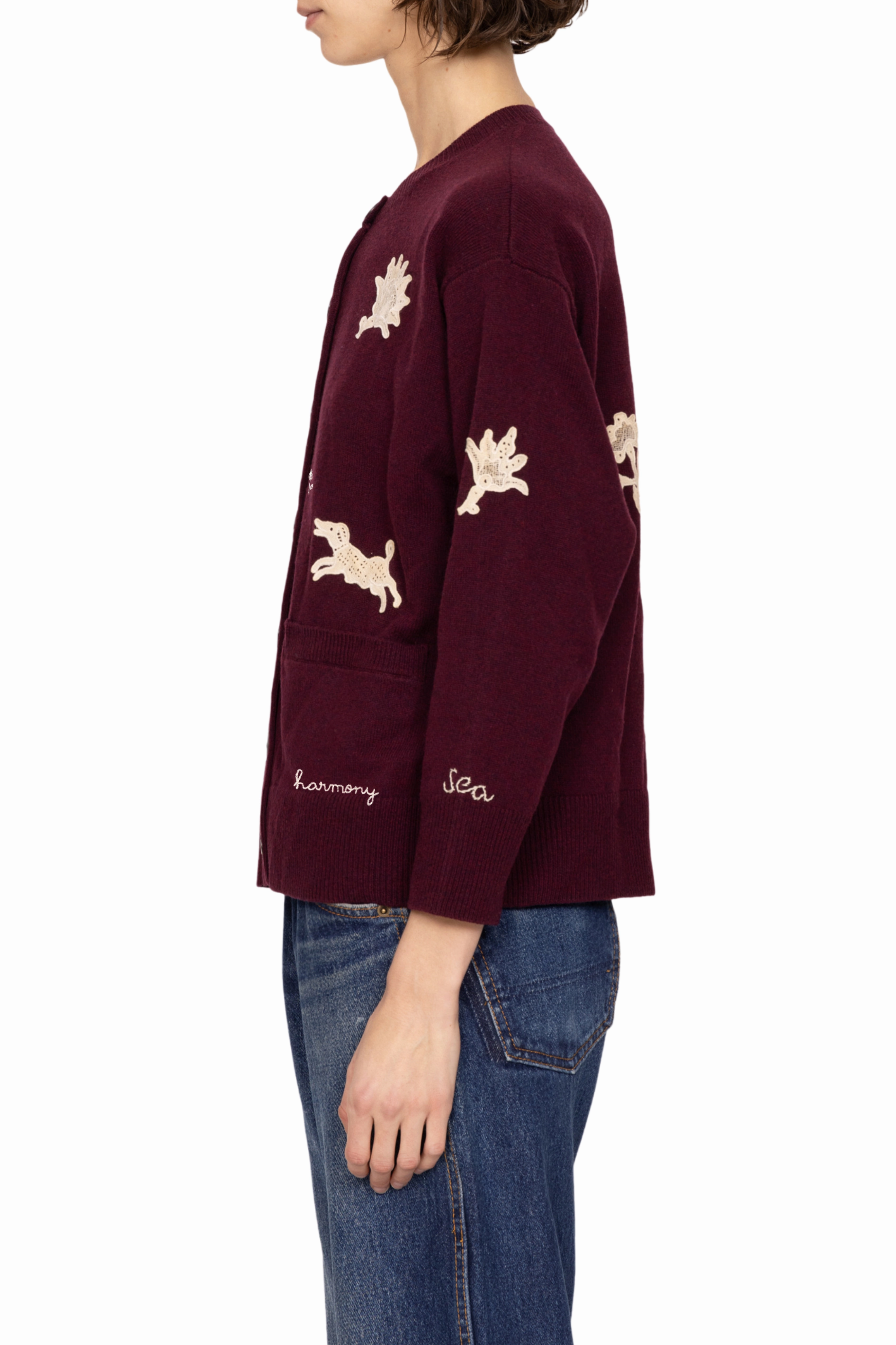 Jacquard Weave Mika Applique Cardigan - Burgundy
