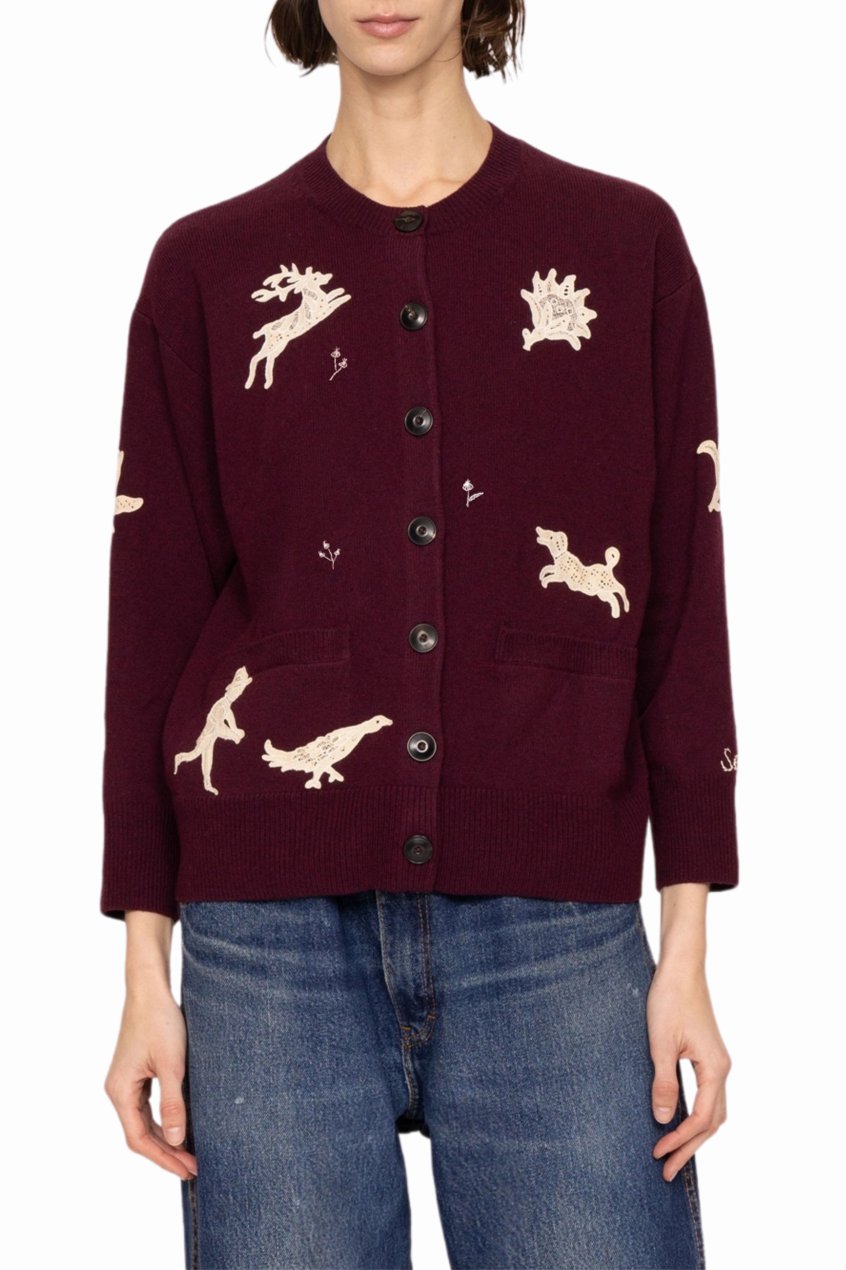 Mika Applique Cardigan - Burgundy FadeResistant Dye Subtle Fit