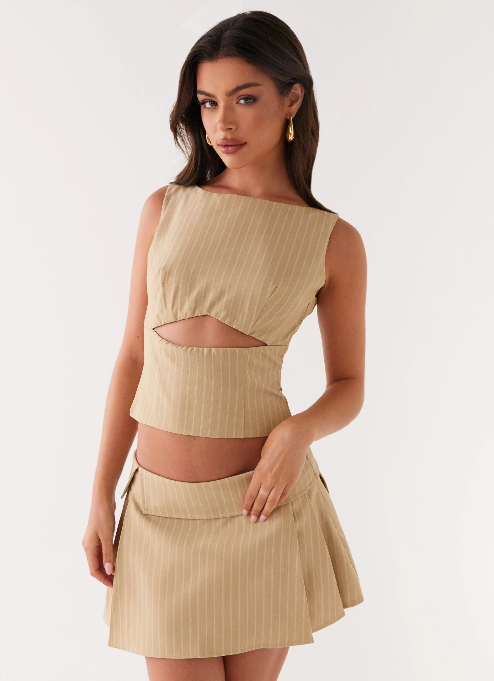 Miki Mini Skirt - Beige Stripe Relaxed Motion