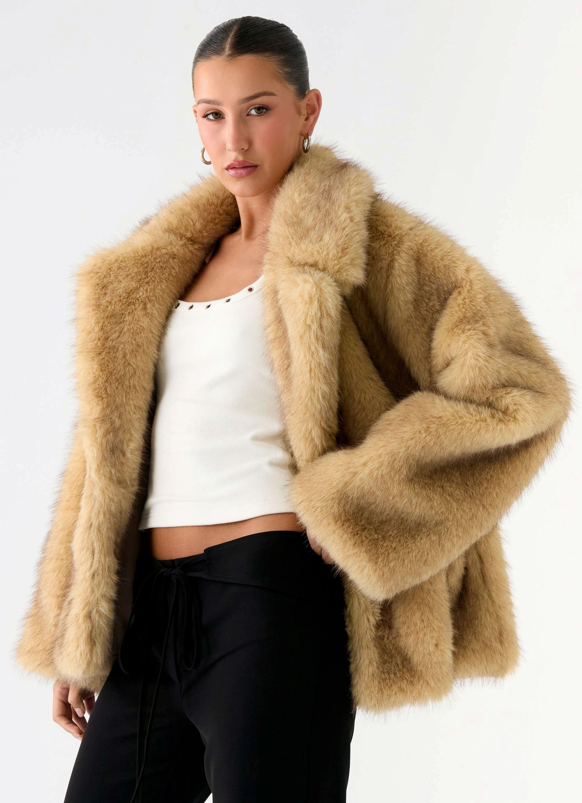 Hooded Comfort Fit Milika Fur Coat - Beige