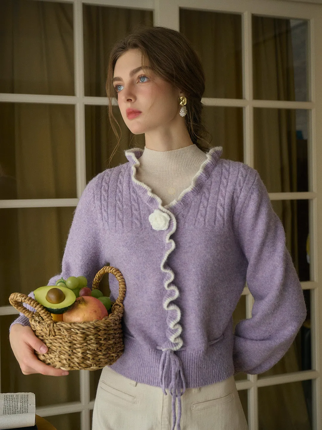 Four Way Stretch Fabric Miller Trimmed Neck Hollow 3D Flower Knitted Cardigan