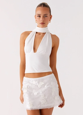 Milos Scarf Halter Neck Top - White Printed Blouse StretchComfort