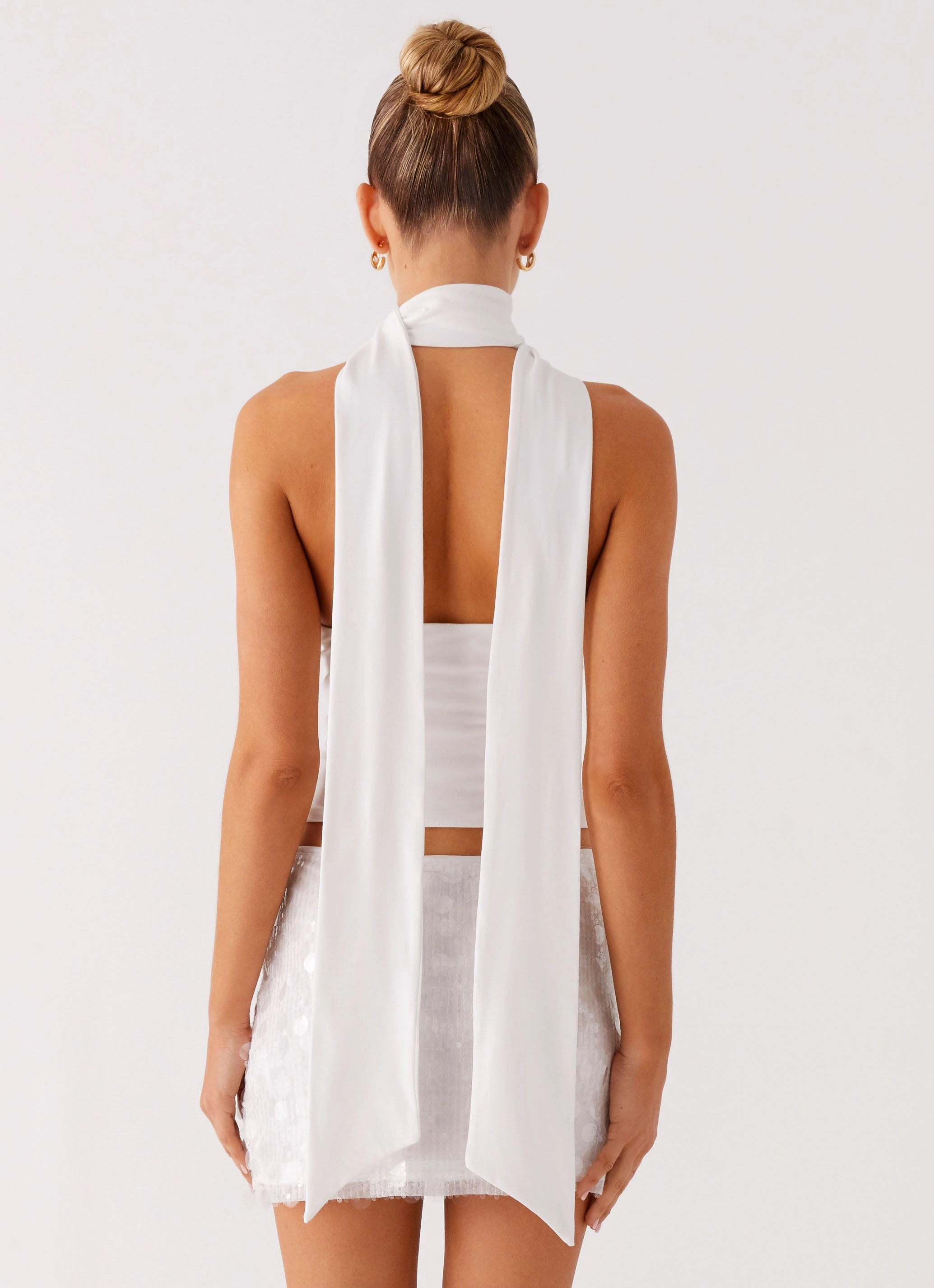 Milos Scarf Halter Neck Top - White Reinforced Hem Stitching