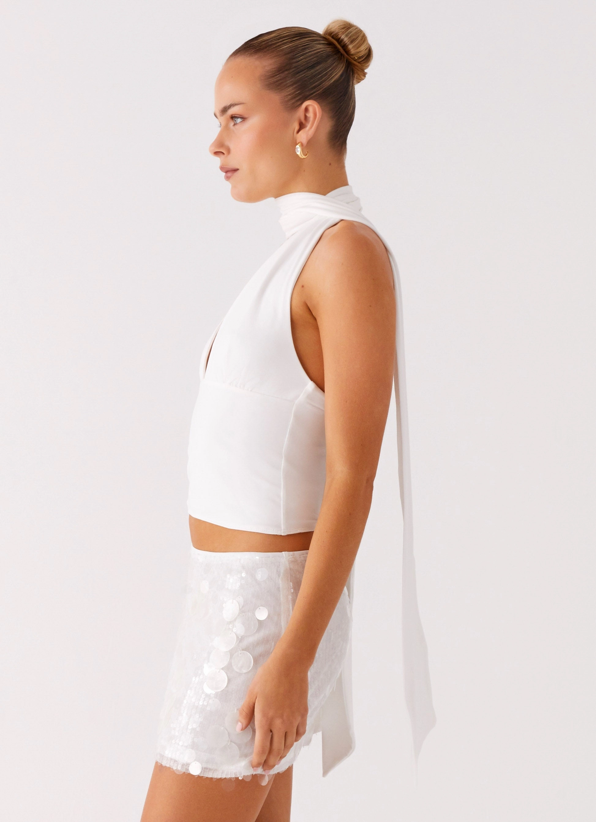 Quick Access Pockets Quick Release Buttons Milos Scarf Halter Neck Top - White