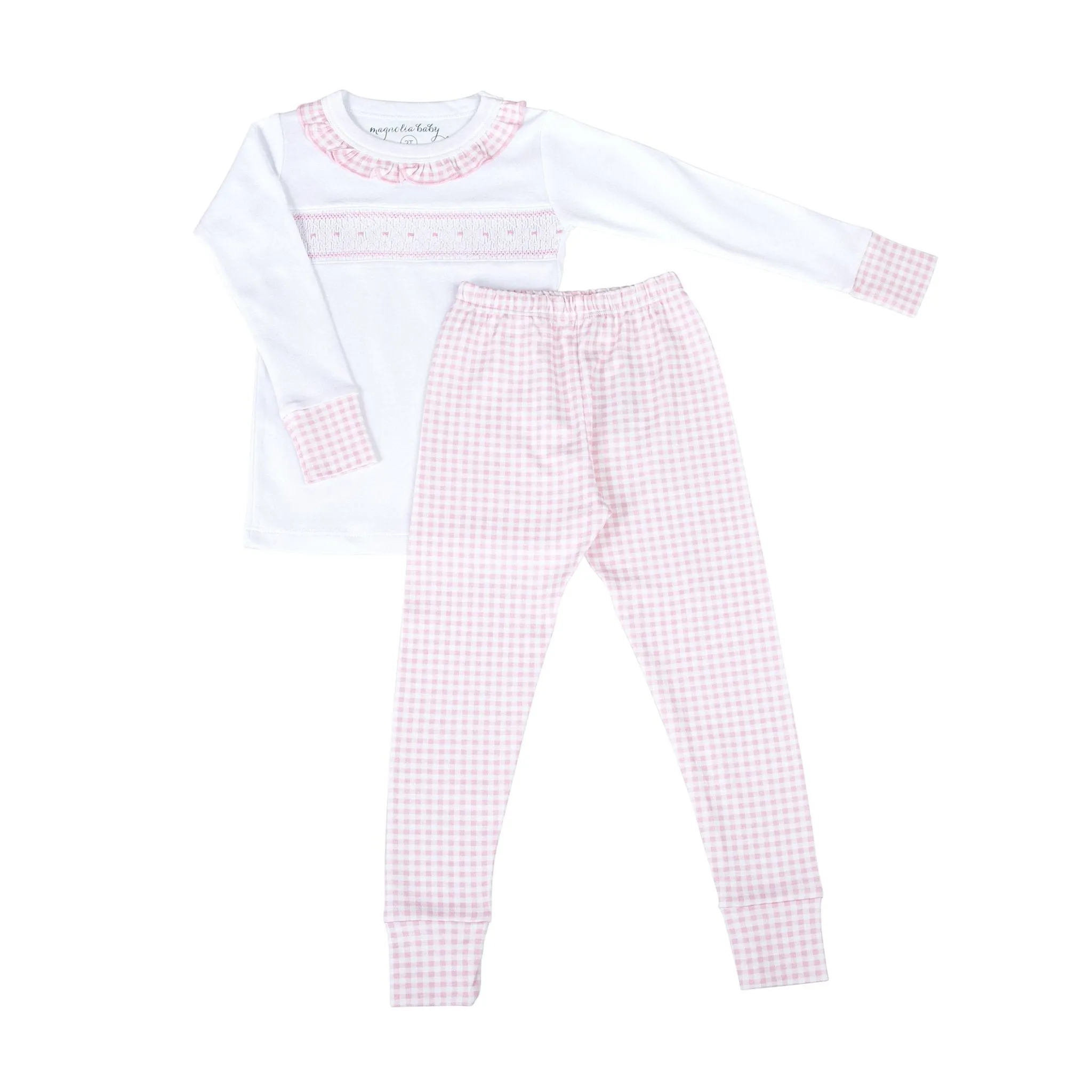 Mini Checks Smocked Ruffle Long Pajamas - Pink
