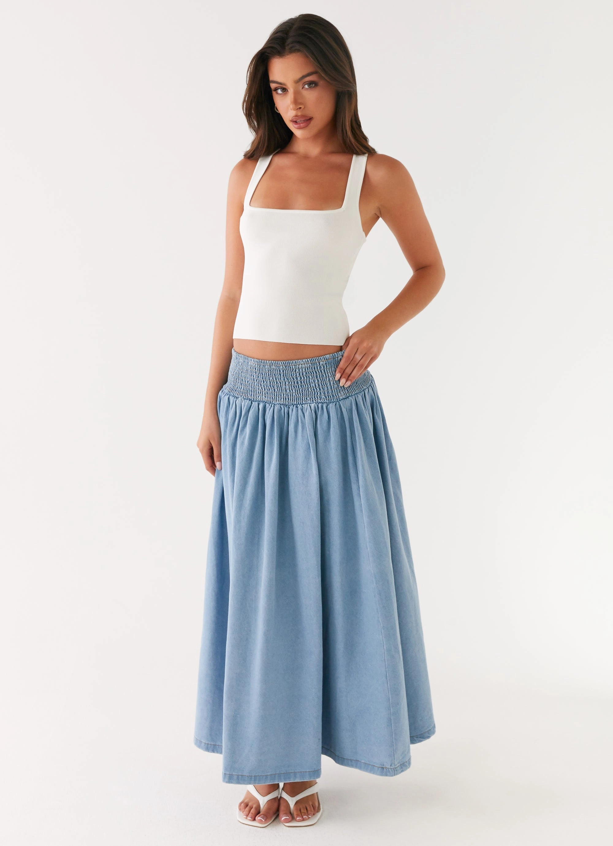 Heater Midi Skirt - Washed Blue High Street Chic Ventilated Panels