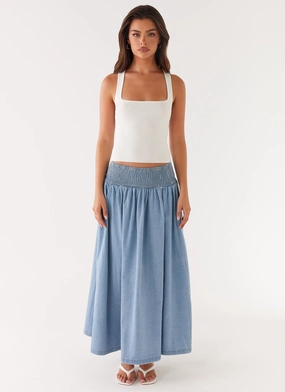 Wrinkle Resistant Eco Friendly Dye Heater Midi Skirt - Washed Blue