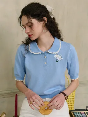 ??Final Sale??Margot Peter Pan Collar Embroidery Top Multi Panel Construction