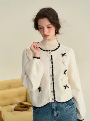 ??Final Sale??Neriah Round Neck Contrasting 3D Rose Bow Knitted Cardigan AdjustableNeckline Quick Release Fasteners