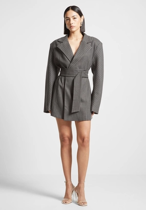 Fold-Over-Detail Art-Gallery Oversized Pinstripe Blazer Dress - Grey