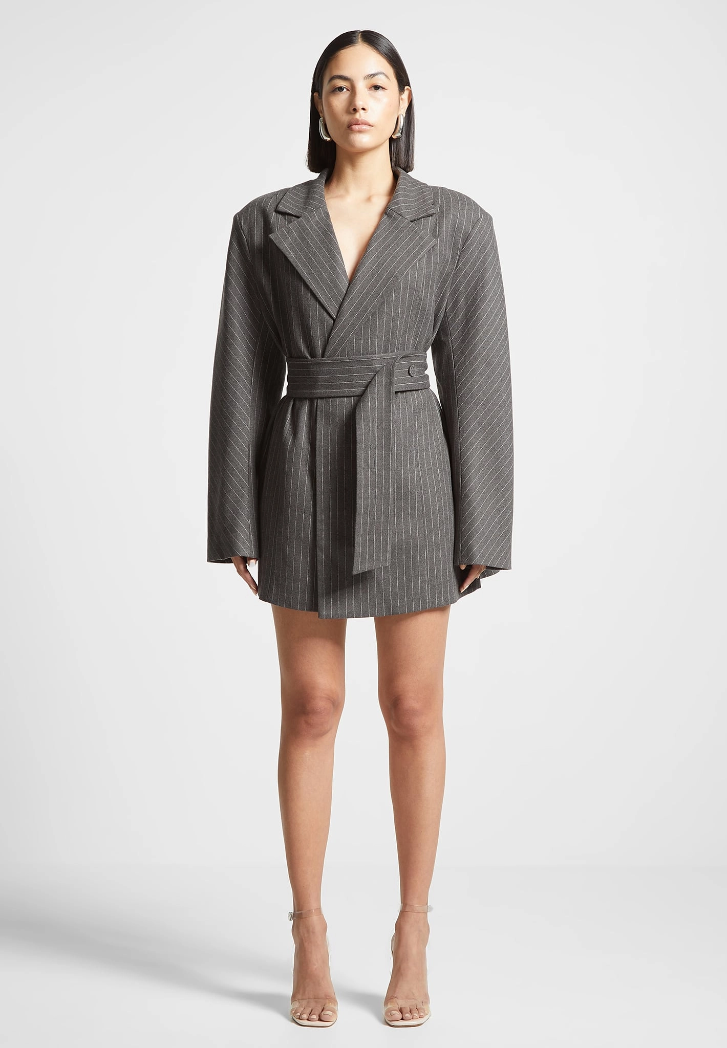 Oversized Pinstripe Blazer Dress - Grey Sophisticated Vibe