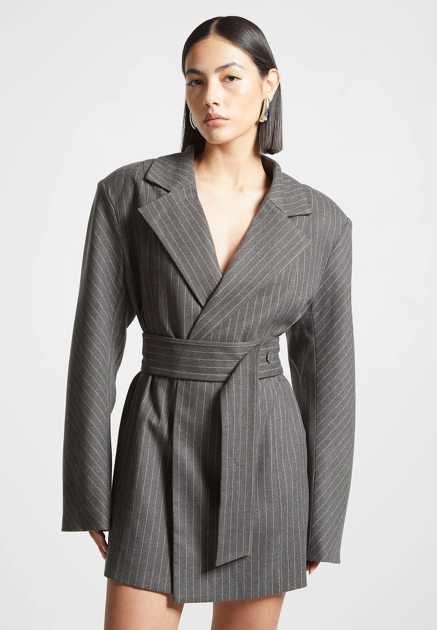 Oversized Pinstripe Blazer Dress - Grey Functional Style