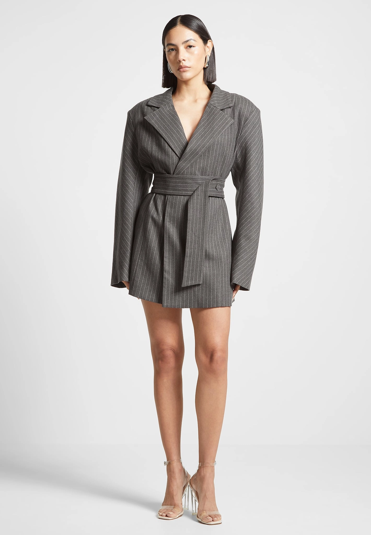 Fold-Over-Detail Art-Gallery Oversized Pinstripe Blazer Dress - Grey