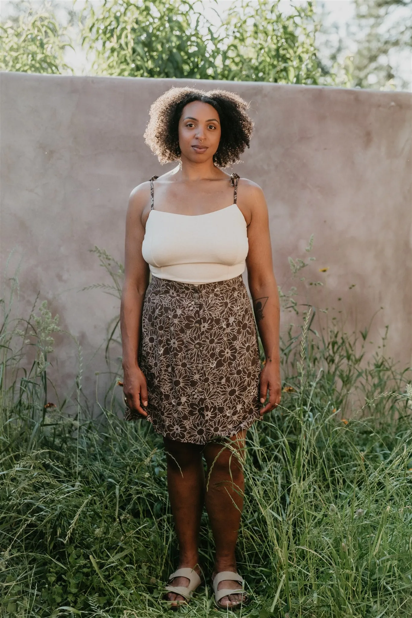 Minnie Top in Oat Modal with Brown Floral Straps Durable Reinforced Elbows