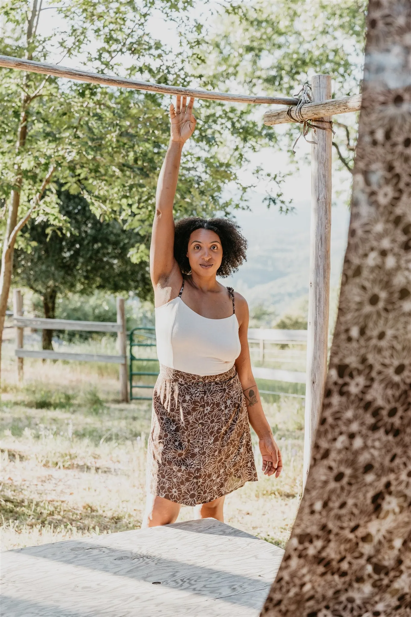 Relaxed Dress Minnie Top in Oat Modal with Brown Floral Straps