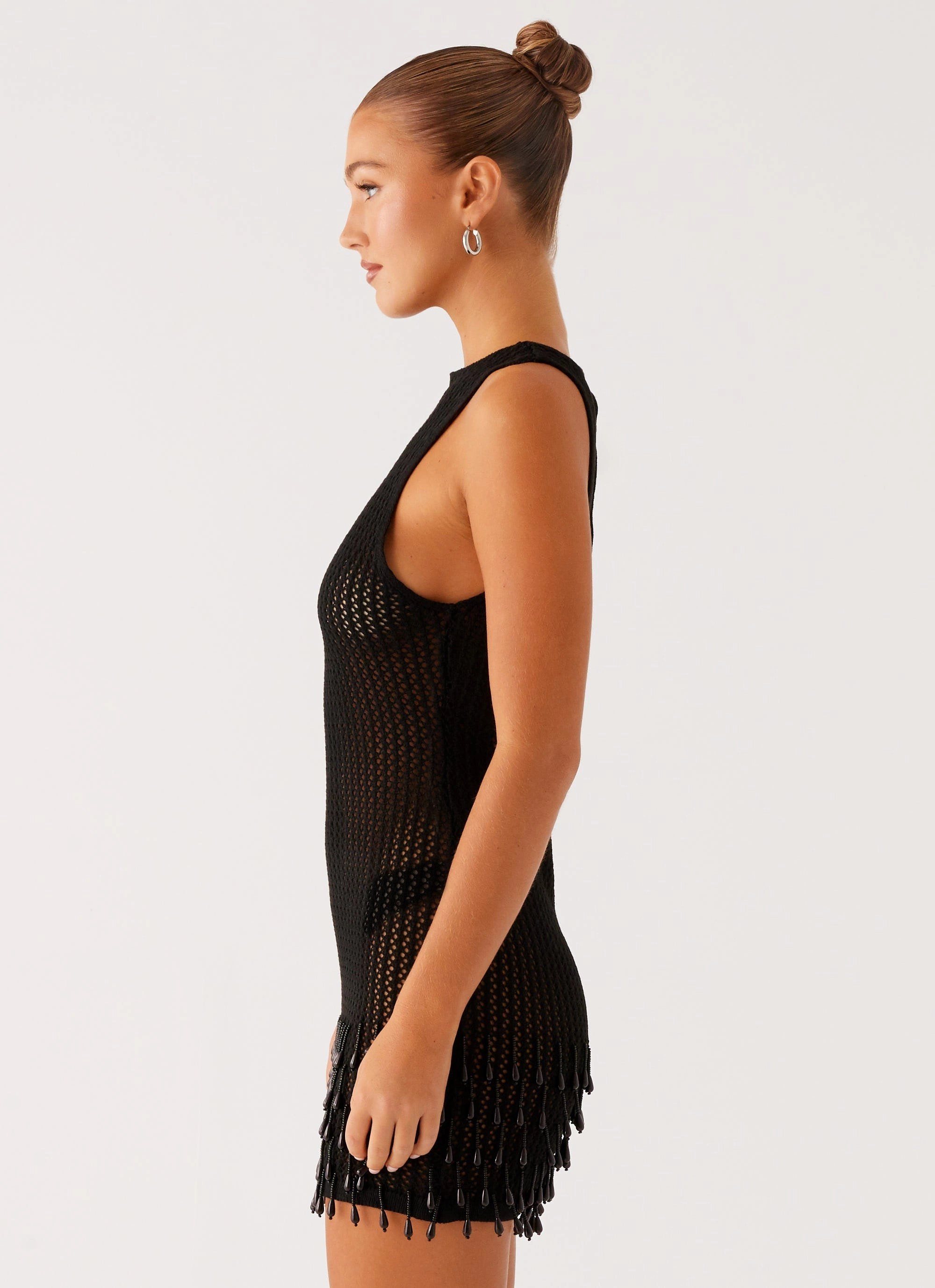 Tear Resistant Material urban scene Miracle Beaded Crochet Mini Dress - Black