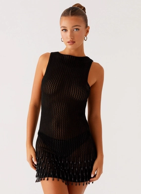 Mini length Miracle Beaded Crochet Mini Dress - Black