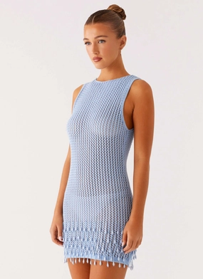 Romantic Style Bold Elegance Miracle Beaded Crochet Mini Dress - Blue