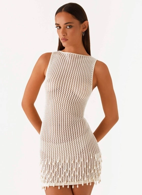 Miracle Beaded Crochet Mini Dress - Ivory Elegant Texture Flowy Drape