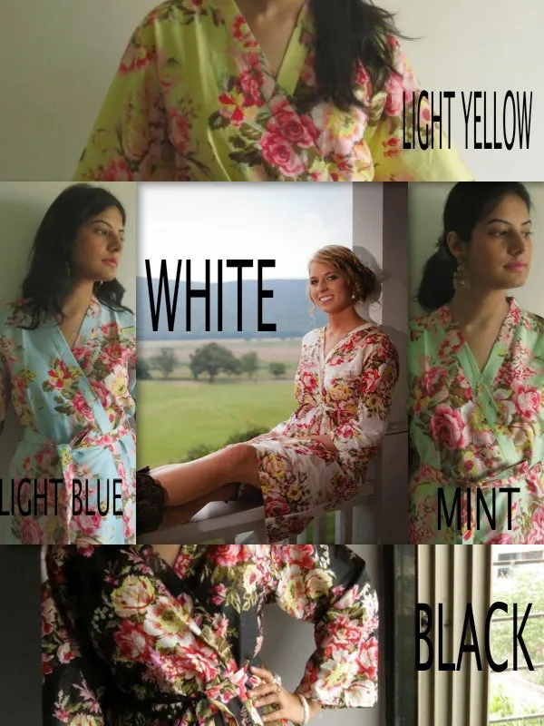 Mismatched Rosy Red Posy Patterned Bridesmaids Robes in Soft Tones