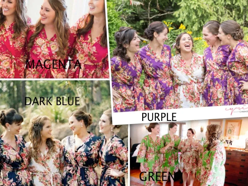 Mismatched Rosy Red Posy Patterned Bridesmaids Robes in Soft Tones