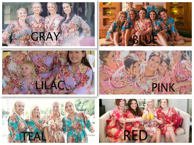 Mismatched Rosy Red Posy Patterned Bridesmaids Robes in Soft Tones