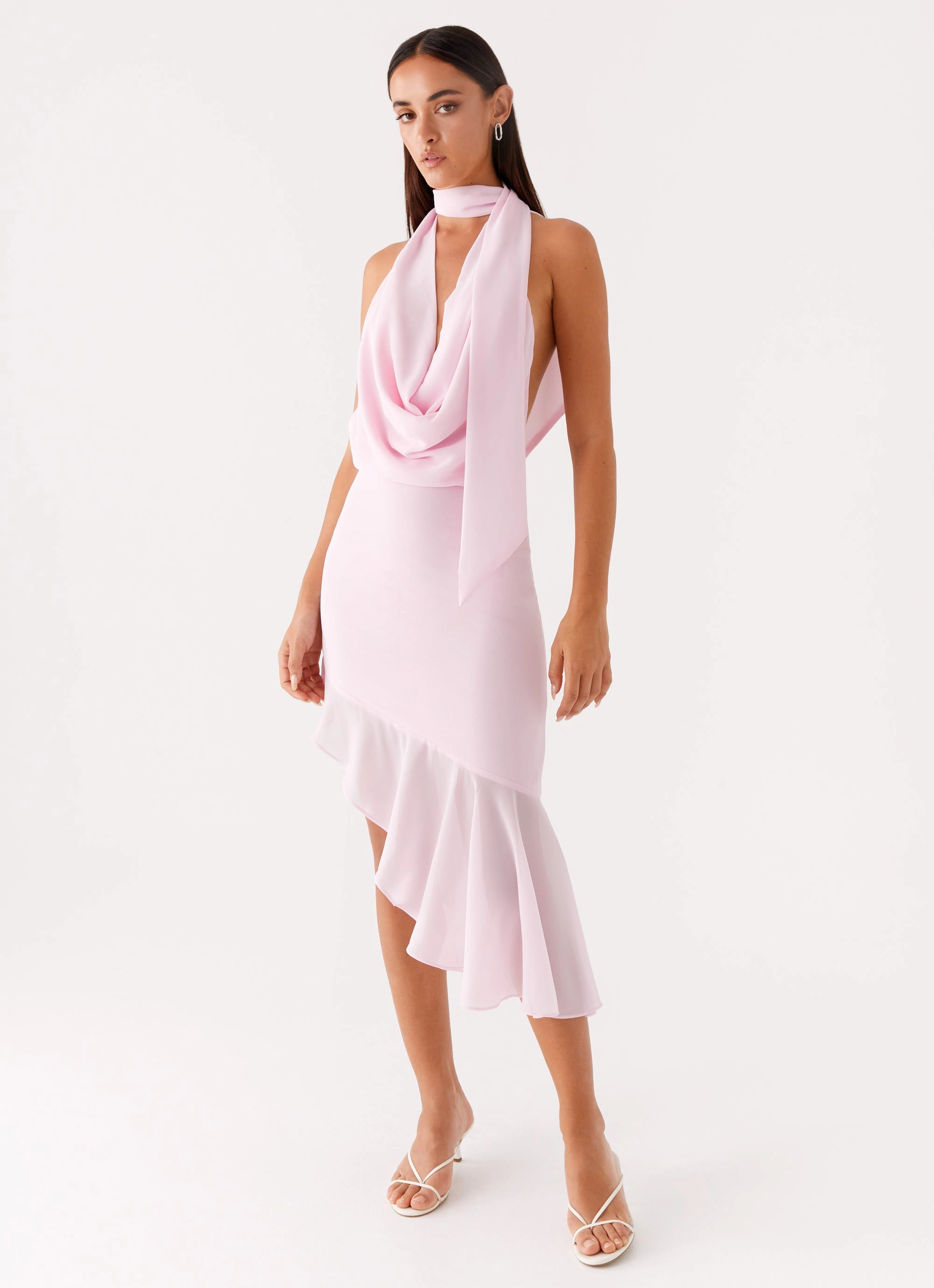 Layna Scarf Midi Dress - Pink Peplum-Style