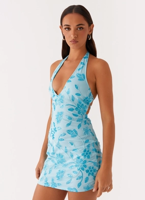 Merida Halterneck Beaded Mini Dress - Blue Neutral Look