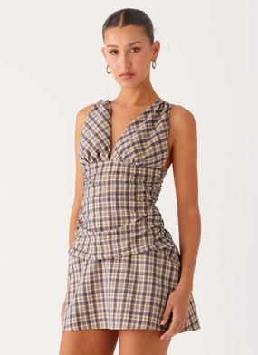 Tablo Drop Waist Mini Dress - Check Print Shine Finish Smooth silhouette