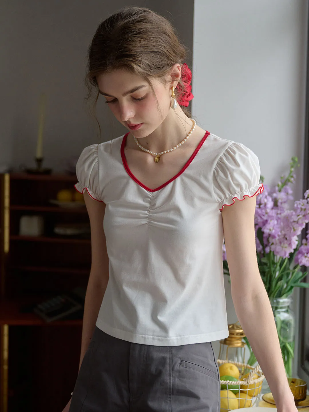 ??Final Sale??Julieta Contrast Color Round Neck Puff Sleeve T-shirt HiddenZipper