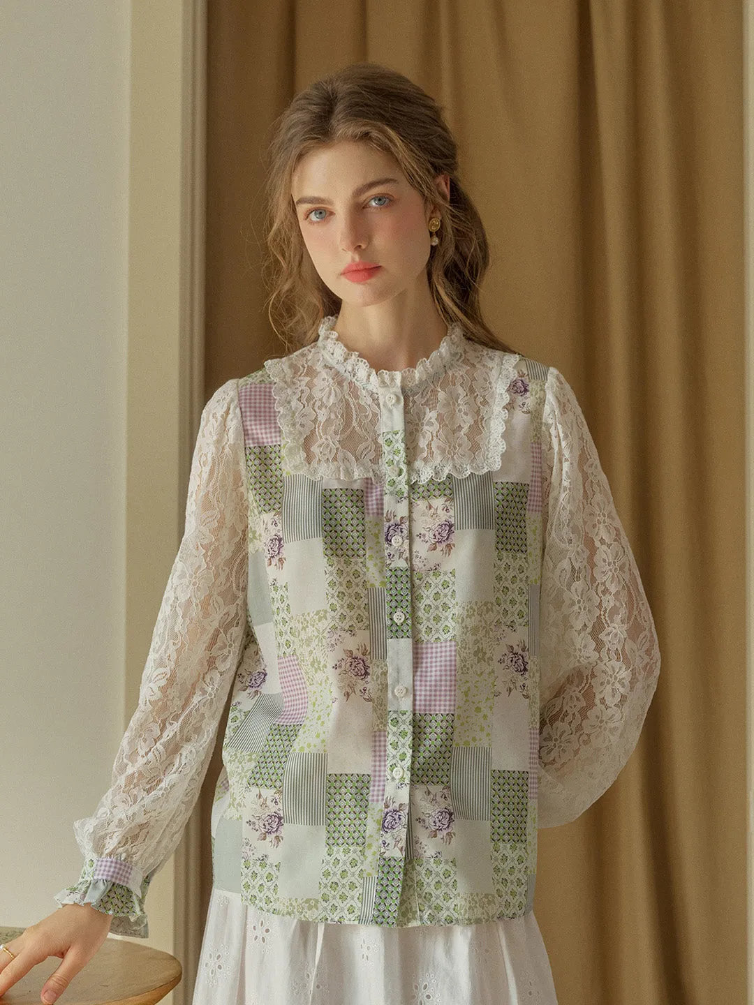 ??Final Sale??Vivienne Lace Collar Patchwork Blouse - Green Basic Wardrobe