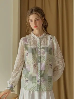 ??Final Sale??Vivienne Lace Collar Patchwork Blouse - Green Basic Wardrobe