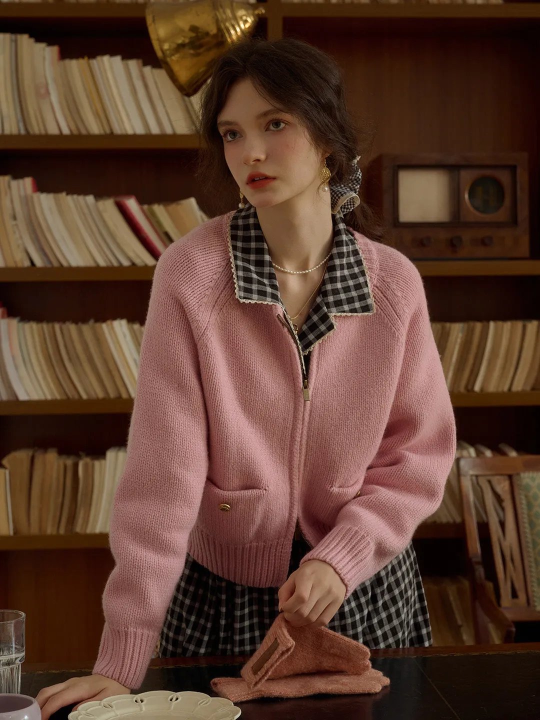 Khaleesi Classic Ribbed Crew Neck Pocket 100% Wool Cardigan-Pink Distressed Texture