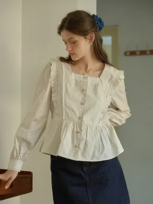 Jazmin French Square Neck Lace Trim Striped Blouse ReflectiveTrimDetails