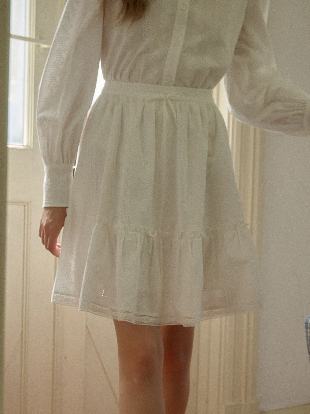 Eileen Sweet Floral Embroidered Trim Hollow Lace Cotton Puffy Skirt Flared bottom