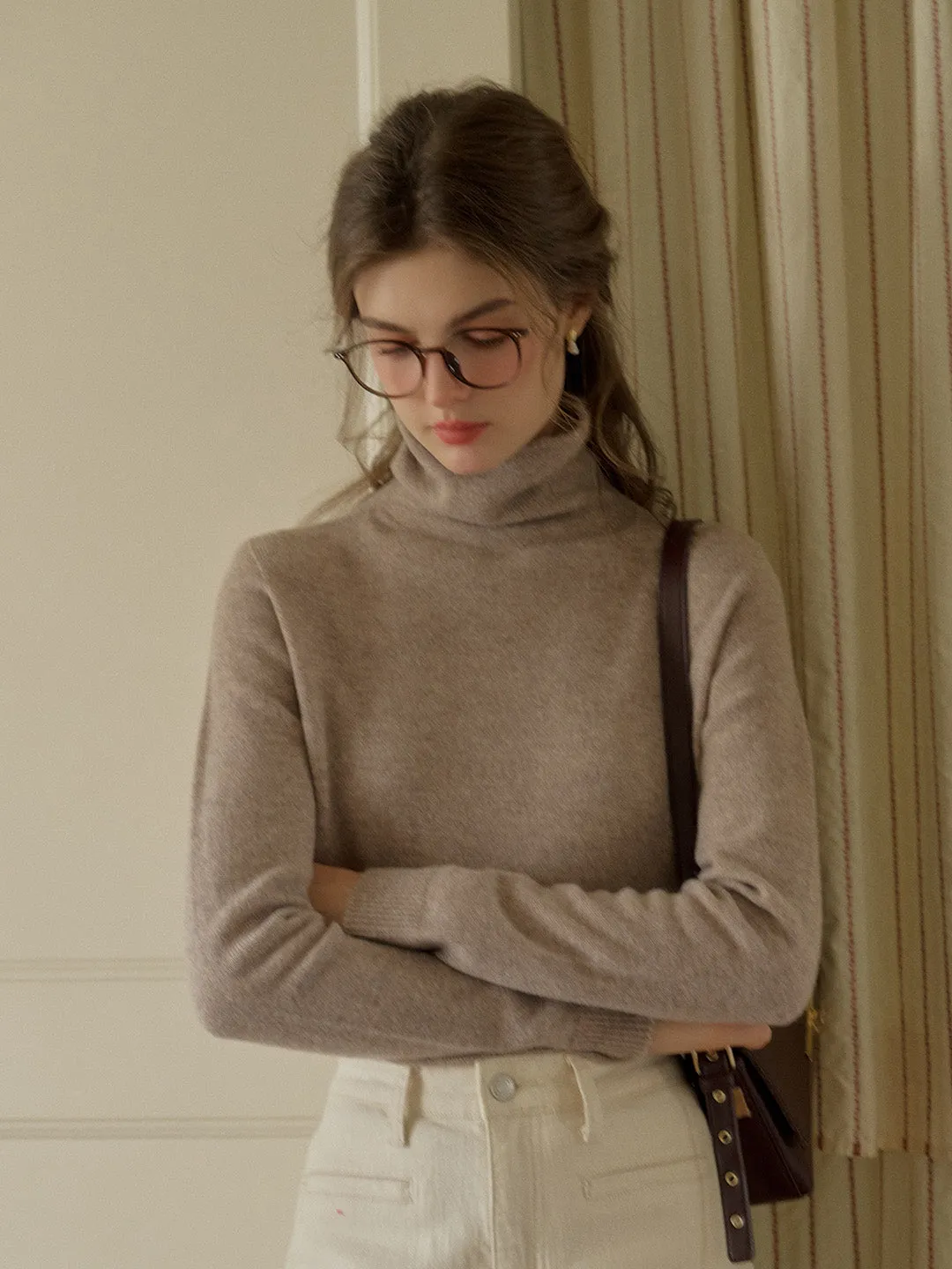 Active Wear Asymmetrical hem Solana Basic Versatile Turtleneck 100% Wool Sweater - Camel