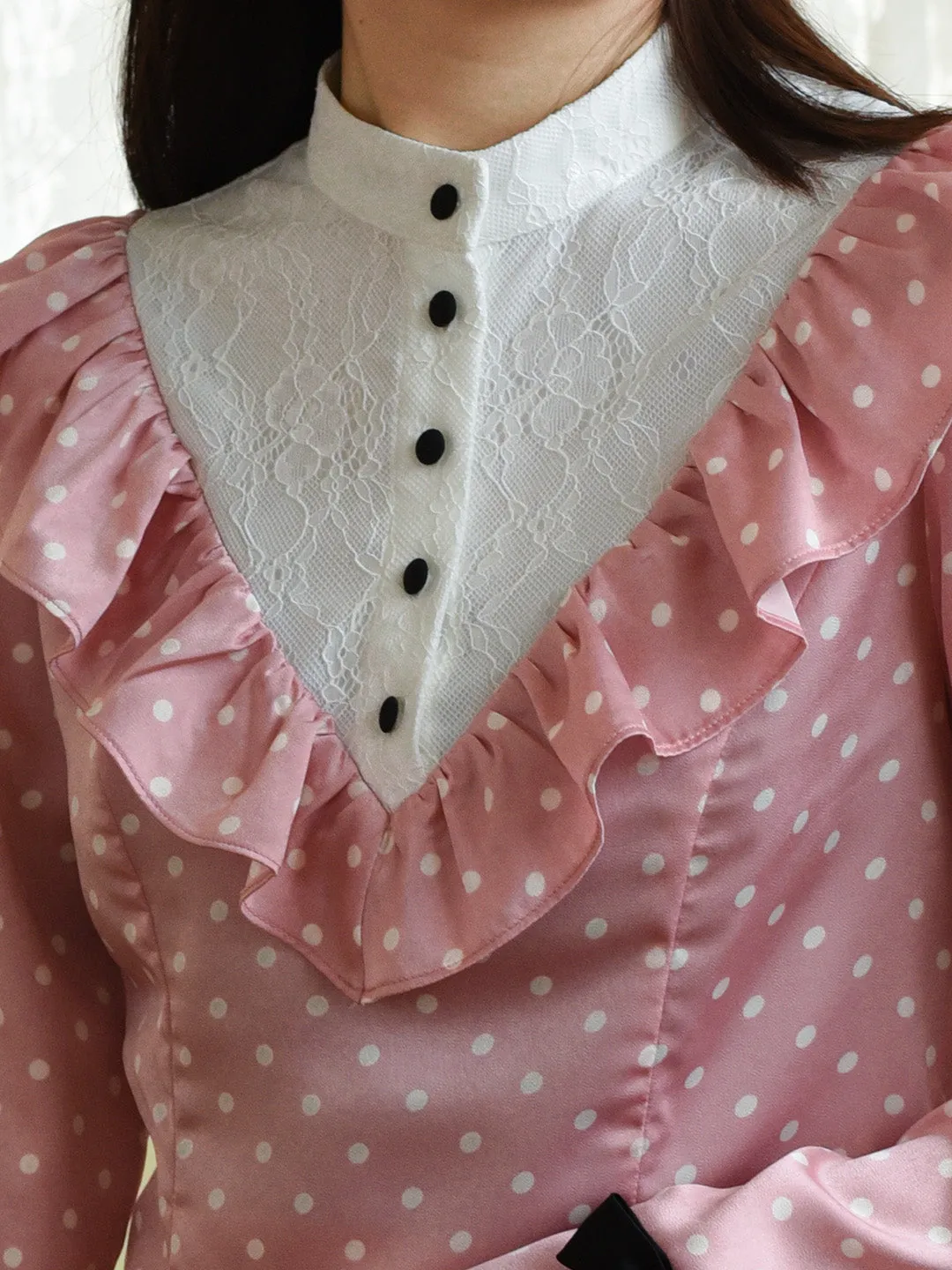 ??Final Sale??Milana Mock Neck Contrast Lace Bow Trumpet Sleeves Polka Dot Blouse FlexibleCuffs Sustainable Production Certified