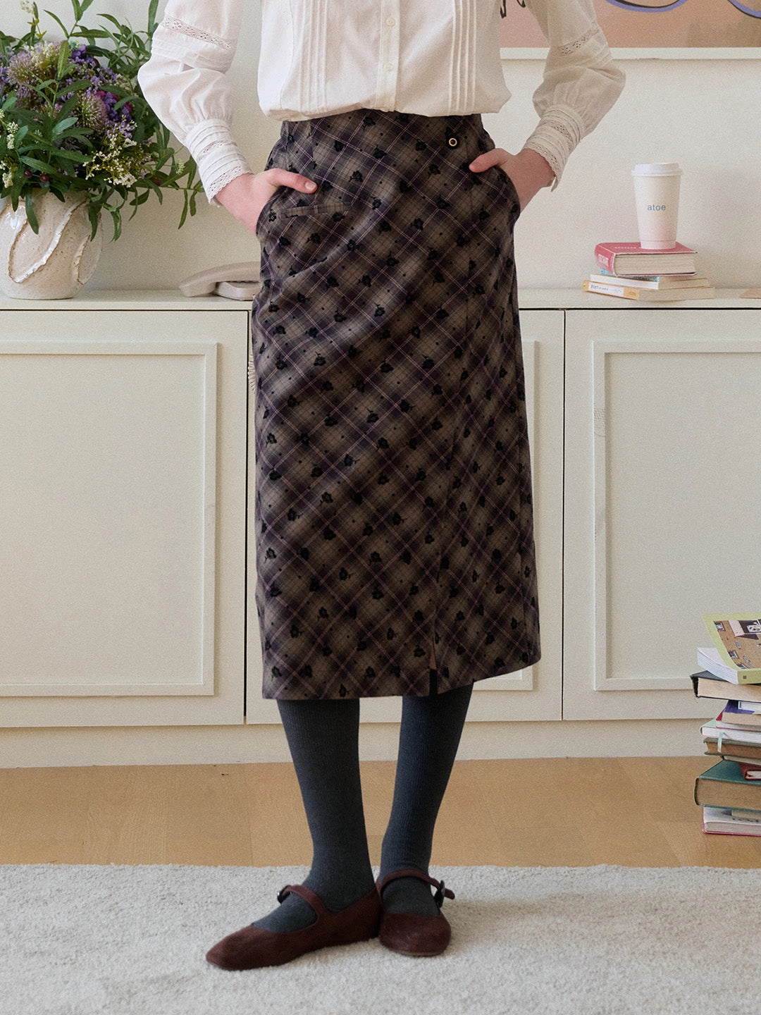 Work Friendly Easy Layer Monroe Plaid Straight 100% Cotton Midi Skirt