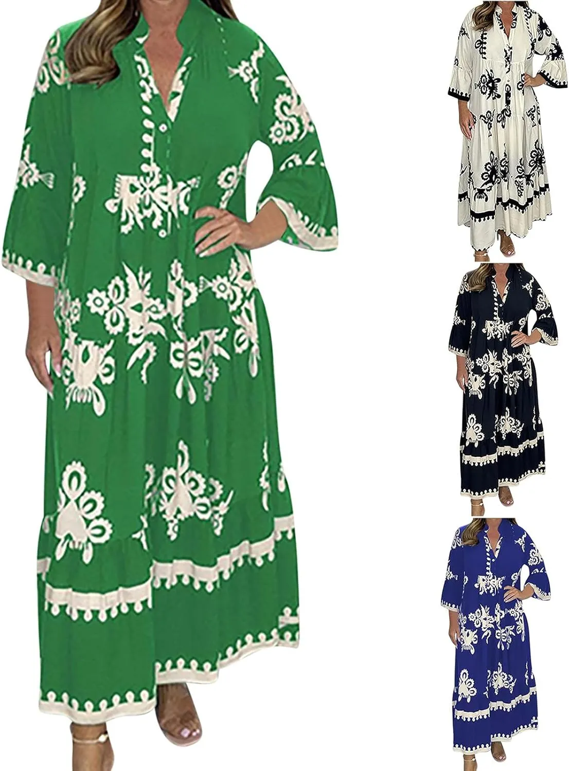 Moomoo Dresses for Women Boho Floral V Neck Kaftan Dress Loose Flared Sleeves Maxi Dress Summer Holiday Beach Caftans