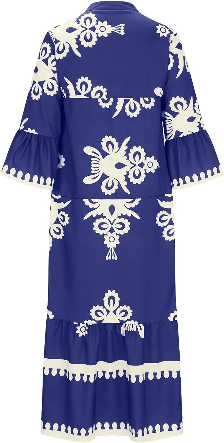 Moomoo Dresses for Women Boho Floral V Neck Kaftan Dress Loose Flared Sleeves Maxi Dress Summer Holiday Beach Caftans