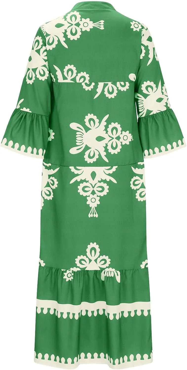Moomoo Dresses for Women Boho Floral V Neck Kaftan Dress Loose Flared Sleeves Maxi Dress Summer Holiday Beach Caftans