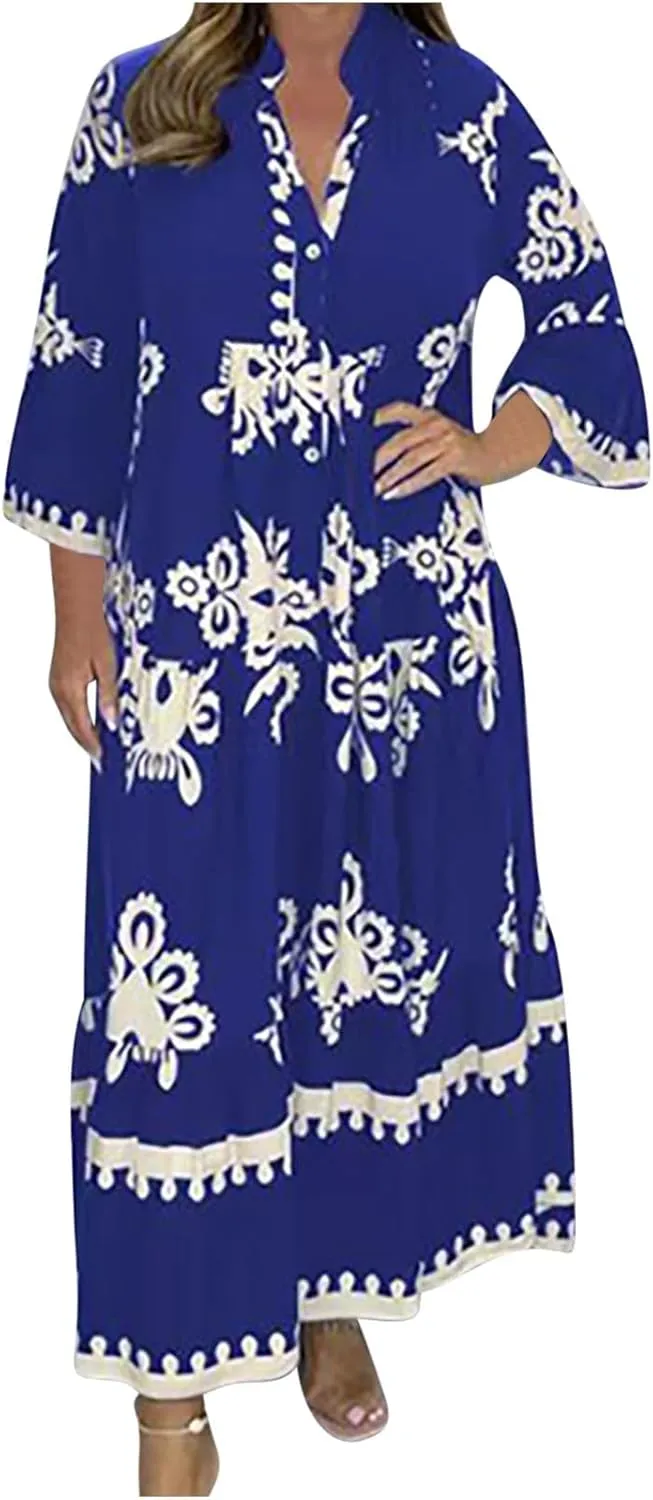 Moomoo Dresses for Women Boho Floral V Neck Kaftan Dress Loose Flared Sleeves Maxi Dress Summer Holiday Beach Caftans