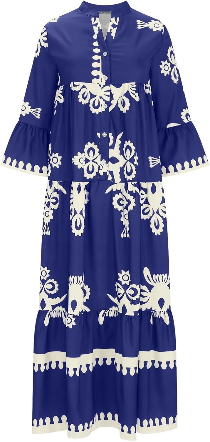 Moomoo Dresses for Women Boho Floral V Neck Kaftan Dress Loose Flared Sleeves Maxi Dress Summer Holiday Beach Caftans