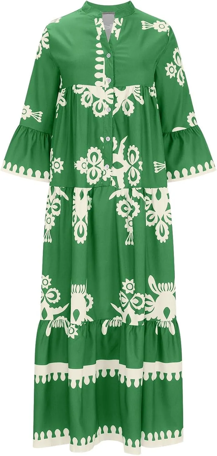 Moomoo Dresses for Women Boho Floral V Neck Kaftan Dress Loose Flared Sleeves Maxi Dress Summer Holiday Beach Caftans