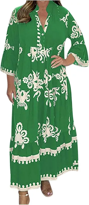 Moomoo Dresses for Women Boho Floral V Neck Kaftan Dress Loose Flared Sleeves Maxi Dress Summer Holiday Beach Caftans