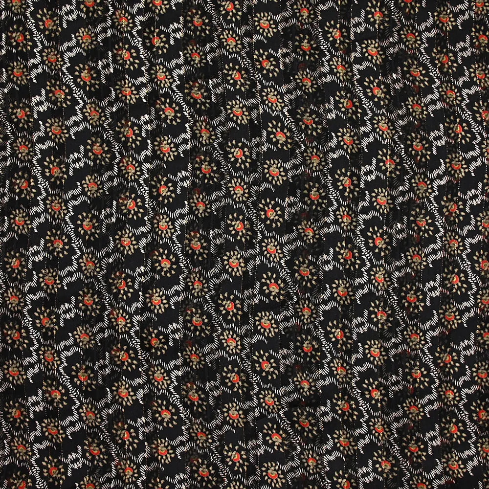 Mousseline imprimée bande satin Léona kaki fond noir