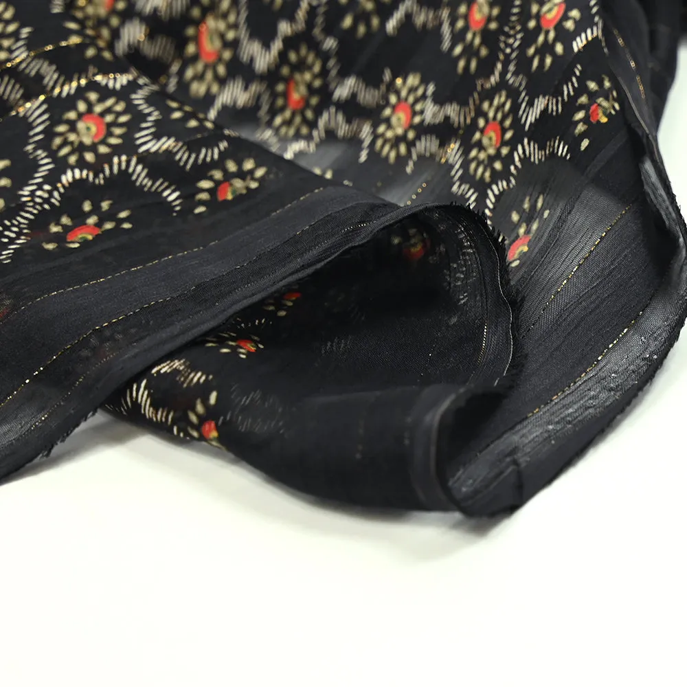 Mousseline imprimée bande satin Léona kaki fond noir