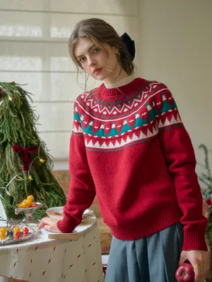 Natalie Fair Isle Round Neck Christmas Pattern Wool Sweater - Red Moisture wicking Stylish Look