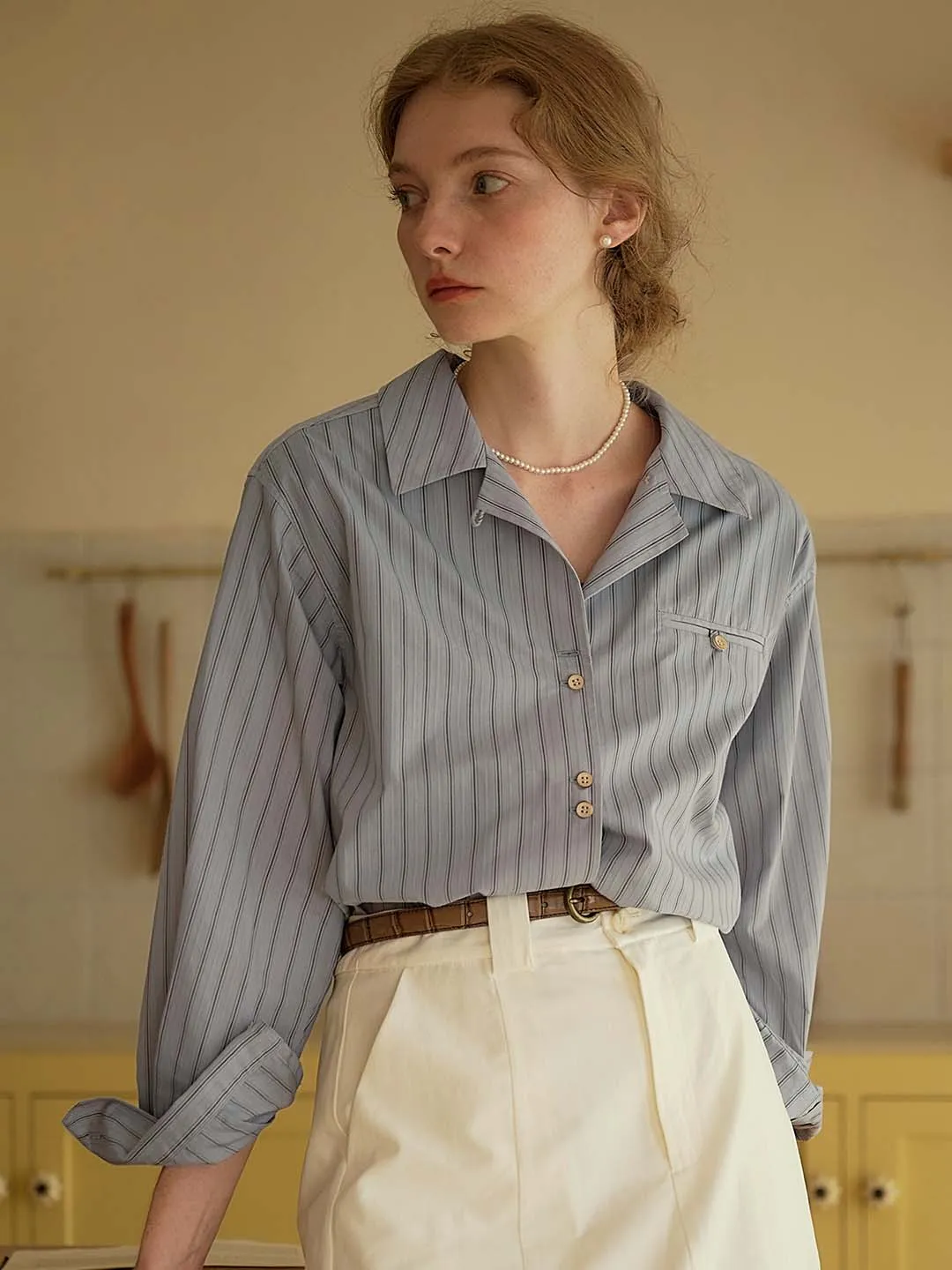 Casual Long Sleeve ??Final Sale??Georgina Vintage Classic Suit Collar Striped Shirt