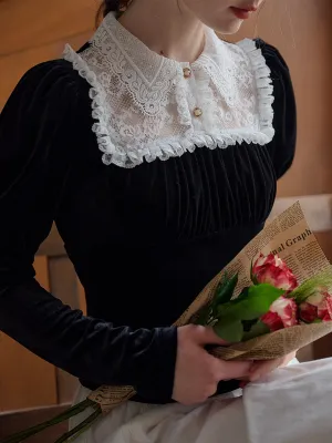 Basic Dress DurableReinforcement Magnolia Doll Collar Lace Paneled Puff Sleeve Velvet Blouse
